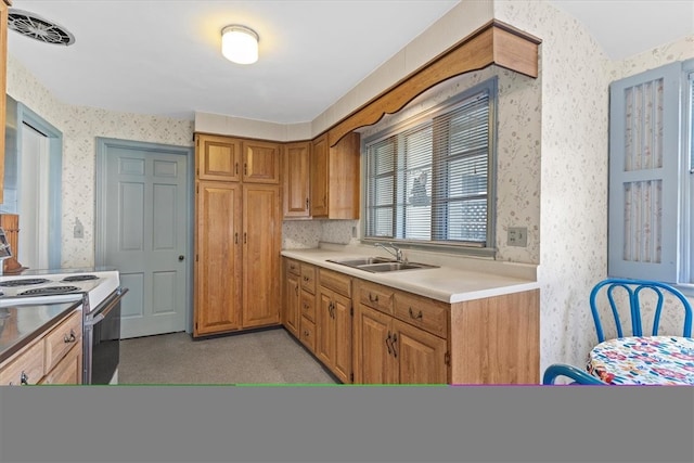 kitchen featuring sink and white electric range oven