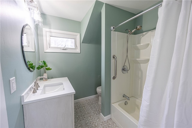 full bathroom with toilet, shower / bath combo, and vanity