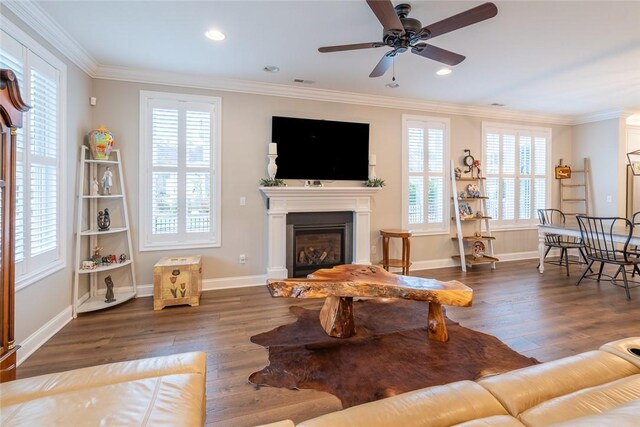17 Carolina Ave, Oakmont, PA 15139 - living room with crown molding, wood finished floors, a ceiling fan, a glass covered fireplace, and recessed lighting