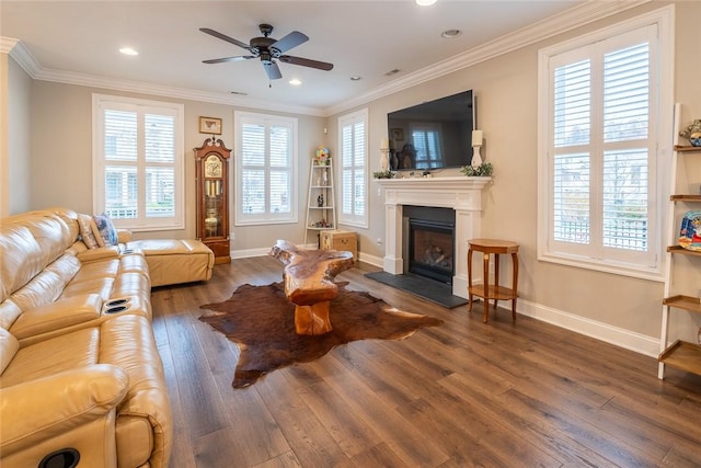 17 Carolina Ave, Oakmont, PA 15139 - living room with wood finished floors, a glass covered fireplace, a ceiling fan, healthy amount of natural light, and crown molding