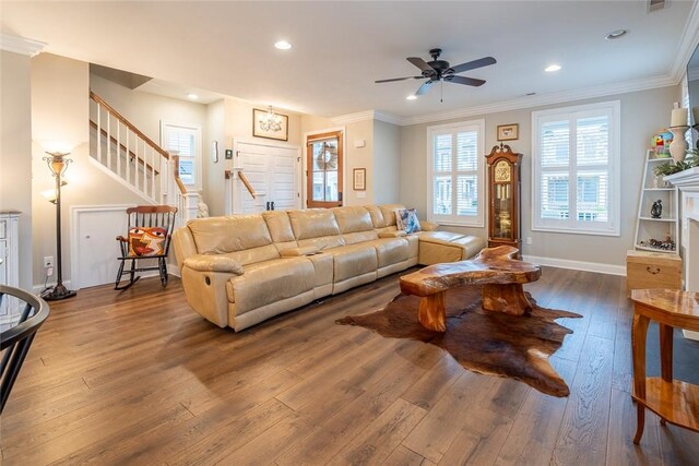 17 Carolina Ave, Oakmont, PA 15139 - living room featuring dark wood-style flooring, a ceiling fan, recessed lighting, stairs, and plenty of natural light