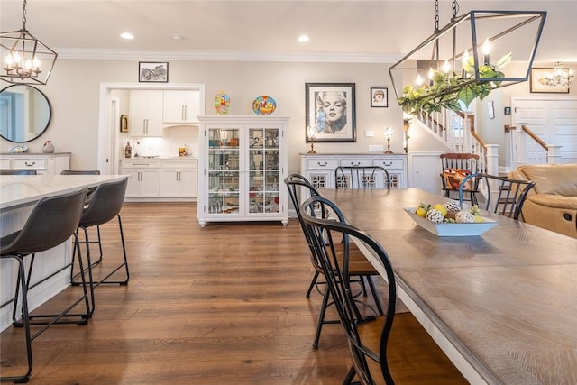 17 Carolina Ave, Oakmont, PA 15139 - dining room featuring a chandelier, crown molding, stairs, recessed lighting, and dark wood finished floors