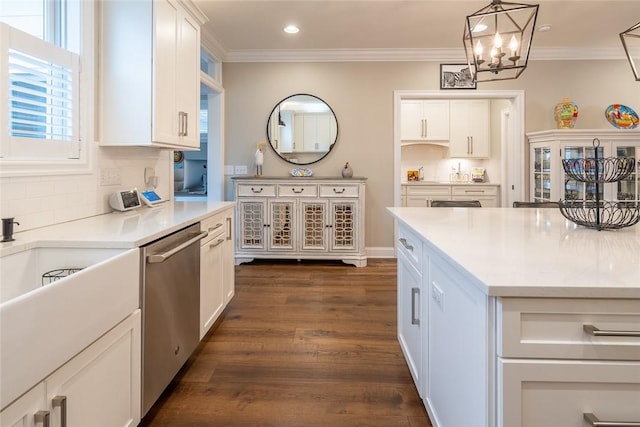 17 Carolina Ave, Oakmont, PA 15139 - kitchen with stainless steel dishwasher, a chandelier, white cabinets, light countertops, and recessed lighting