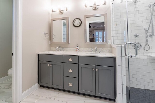 17 Carolina Ave, Oakmont, PA 15139 - bathroom featuring a stall shower, double vanity, and marble look tile flooring