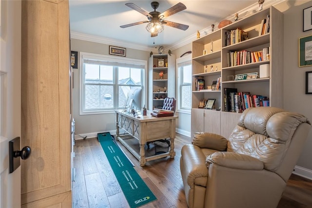 17 Carolina Ave, Oakmont, PA 15139 - office space with crown molding, a ceiling fan, and hardwood / wood-style flooring