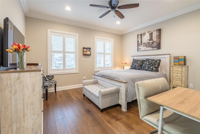 17 Carolina Ave, Oakmont, PA 15139 - bedroom with dark wood-type flooring, crown molding, recessed lighting, and ceiling fan