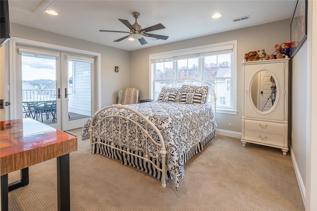 17 Carolina Ave, Oakmont, PA 15139 - bedroom with light carpet, access to outside, recessed lighting, ceiling fan, and french doors