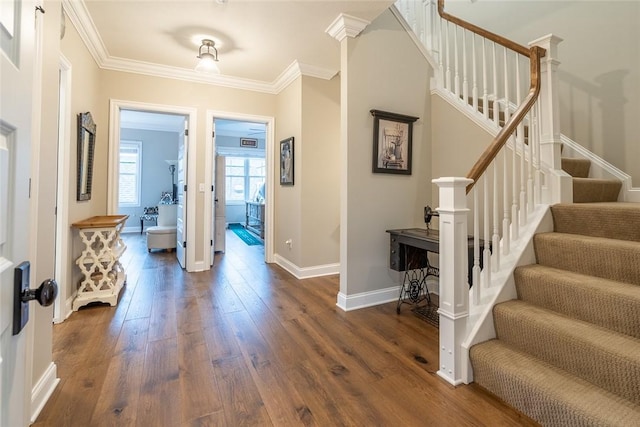 17 Carolina Ave, Oakmont, PA 15139 - foyer entrance with dark wood finished floors, stairs, and ornamental molding