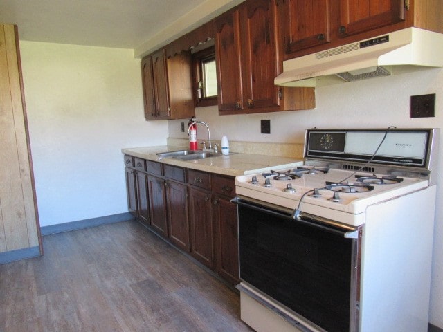 kitchen with dark hardwood / wood-style flooring, sink, and white gas range oven