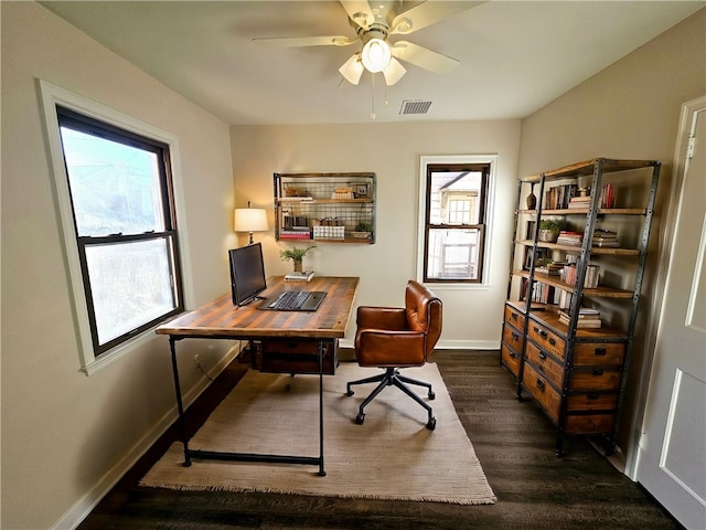 office with ceiling fan, a healthy amount of sunlight, and dark hardwood / wood-style flooring