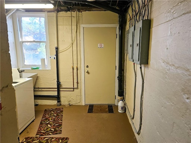 basement featuring electric panel and plenty of natural light