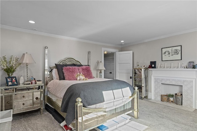 bedroom featuring carpet and ornamental molding