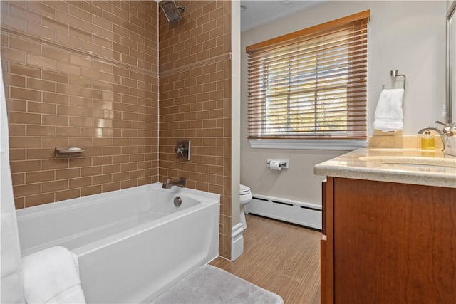 full bathroom featuring vanity, toilet, shower / bathtub combination with curtain, and a baseboard heating unit