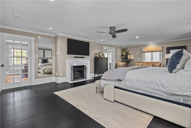 bedroom featuring access to exterior, ceiling fan, crown molding, dark wood-type flooring, and a baseboard radiator