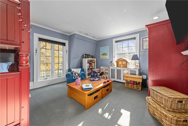 recreation room with dark carpet and ornamental molding