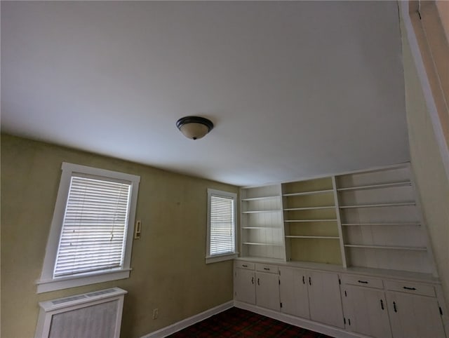 interior space featuring built in shelves and radiator heating unit