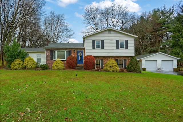 tri-level home with a front yard, a garage, and an outdoor structure