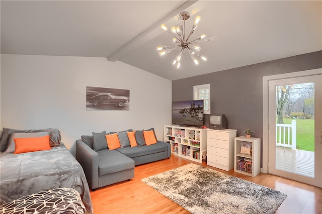 bedroom featuring a chandelier, lofted ceiling with beams, access to exterior, and light hardwood / wood-style flooring