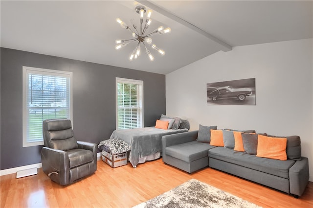 bedroom featuring multiple windows, vaulted ceiling with beams, and hardwood / wood-style flooring