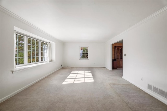 empty room featuring ornamental molding and light carpet