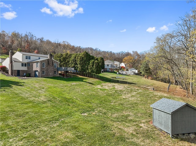 view of yard with a wooden deck and a storage unit