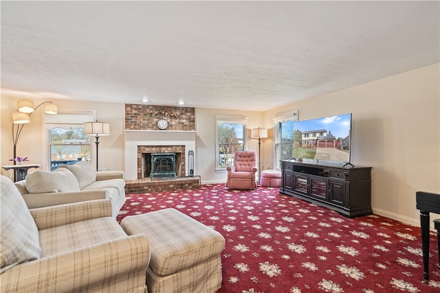 carpeted living room with a textured ceiling and a brick fireplace