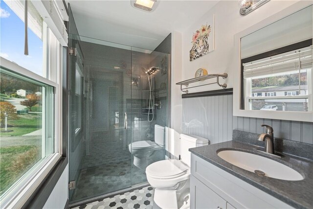 bathroom featuring a shower with door, vanity, and toilet