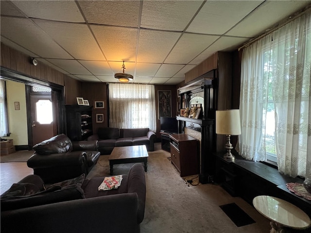 living room with a healthy amount of sunlight, light carpet, and wooden walls