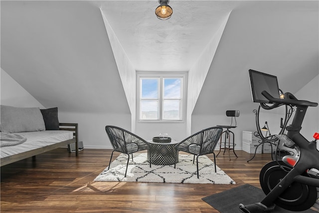 workout room with dark hardwood / wood-style floors and vaulted ceiling