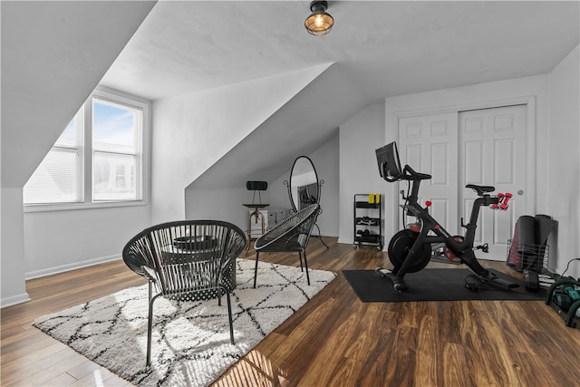 workout room featuring vaulted ceiling and hardwood / wood-style flooring