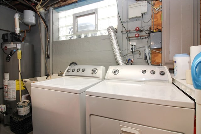 washroom featuring water heater and washer and clothes dryer