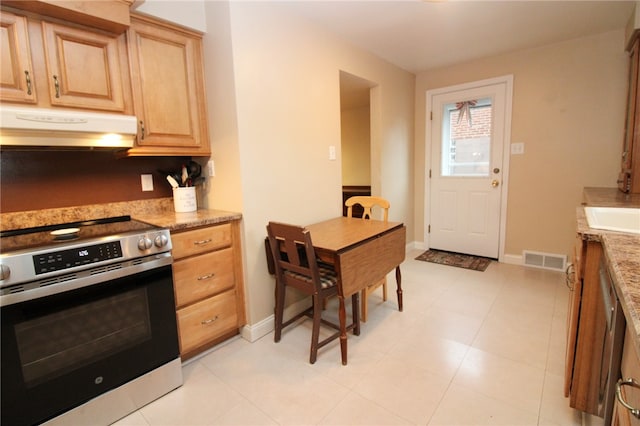 kitchen featuring light brown cabinetry, sink, light stone counters, and stainless steel electric stove