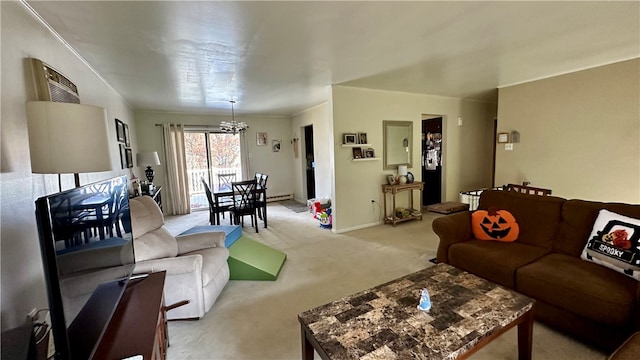 living room with a baseboard heating unit, light carpet, and an inviting chandelier