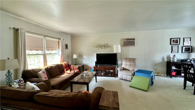 carpeted living room with an AC wall unit, baseboard heating, and ornamental molding