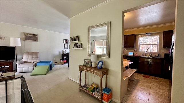 interior space with a wall unit AC, crown molding, and sink