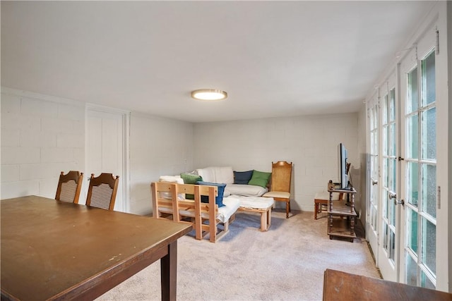 420 Sulgrave Rd, Mt Washington, PA 15211 - living room featuring concrete block wall, carpet floors, and french doors
