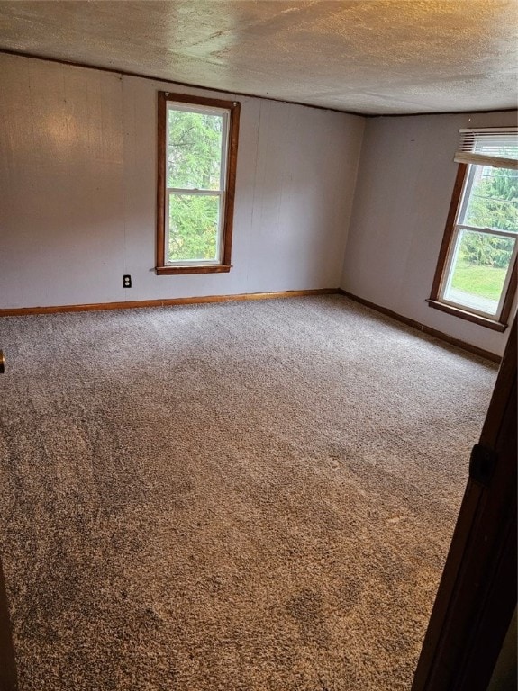 carpeted spare room with a textured ceiling and plenty of natural light