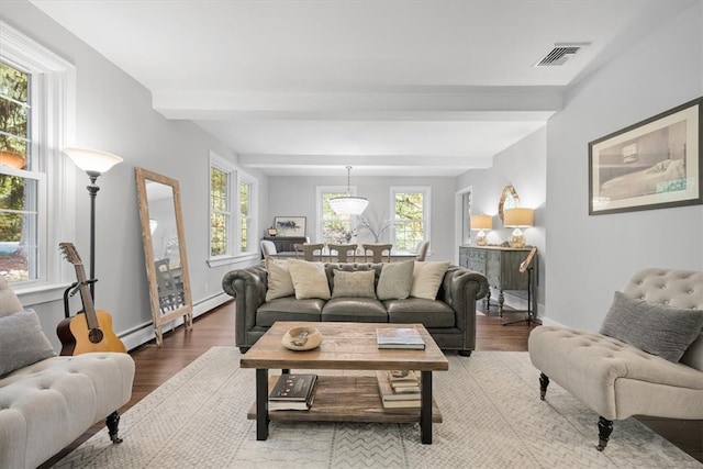 living room with hardwood / wood-style flooring, beamed ceiling, a healthy amount of sunlight, and a baseboard heating unit