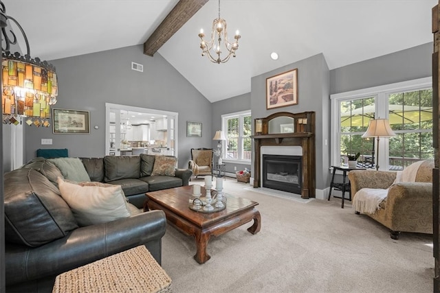 carpeted living room with baseboard heating, high vaulted ceiling, beamed ceiling, and a chandelier