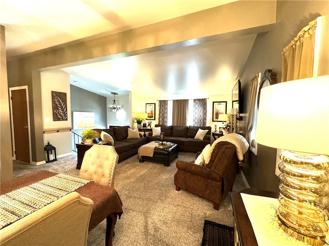 living room with lofted ceiling, carpet floors, and an inviting chandelier