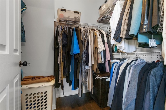 spacious closet featuring dark hardwood / wood-style flooring