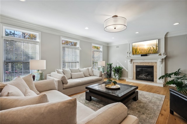 living room with light hardwood / wood-style flooring and crown molding