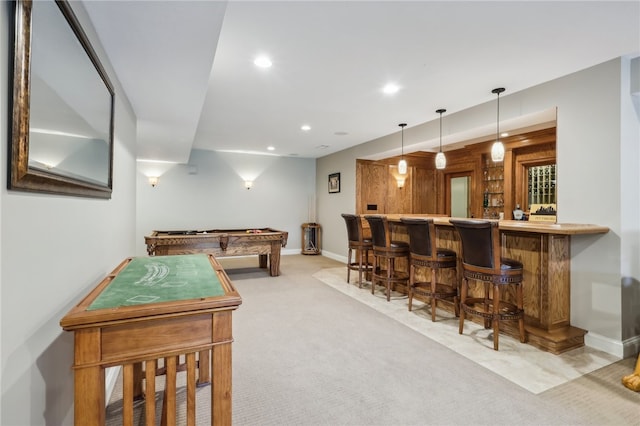 bar featuring light carpet, billiards, and decorative light fixtures