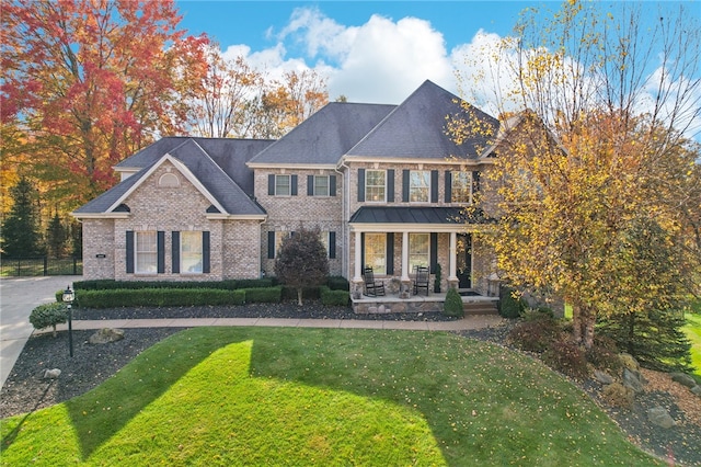 view of front of home with a porch and a front yard