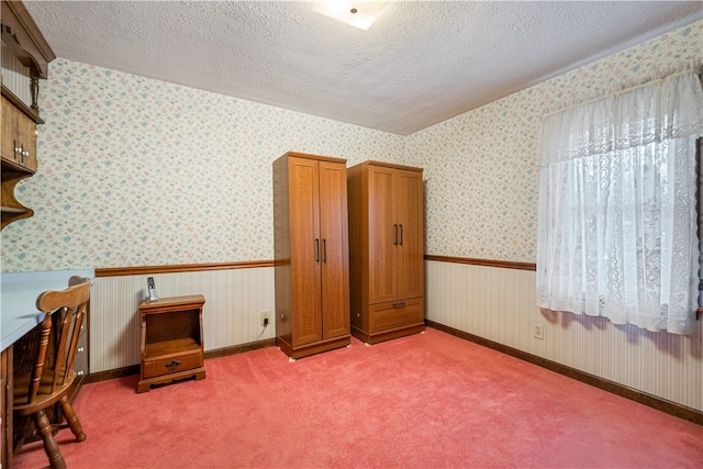 interior space with light colored carpet and a textured ceiling