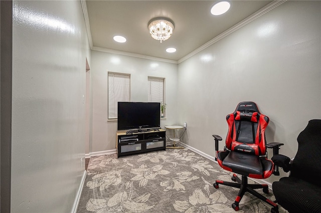 office with light carpet and crown molding