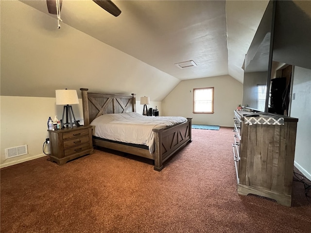 bedroom featuring ceiling fan, vaulted ceiling, and dark carpet