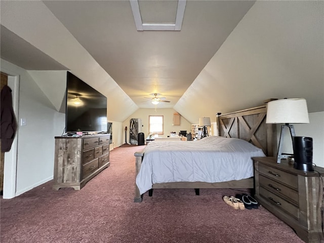 carpeted bedroom featuring ceiling fan and vaulted ceiling