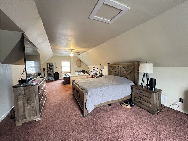 carpeted bedroom with lofted ceiling and ceiling fan