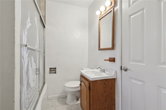 full bathroom featuring vanity, combined bath / shower with glass door, and toilet